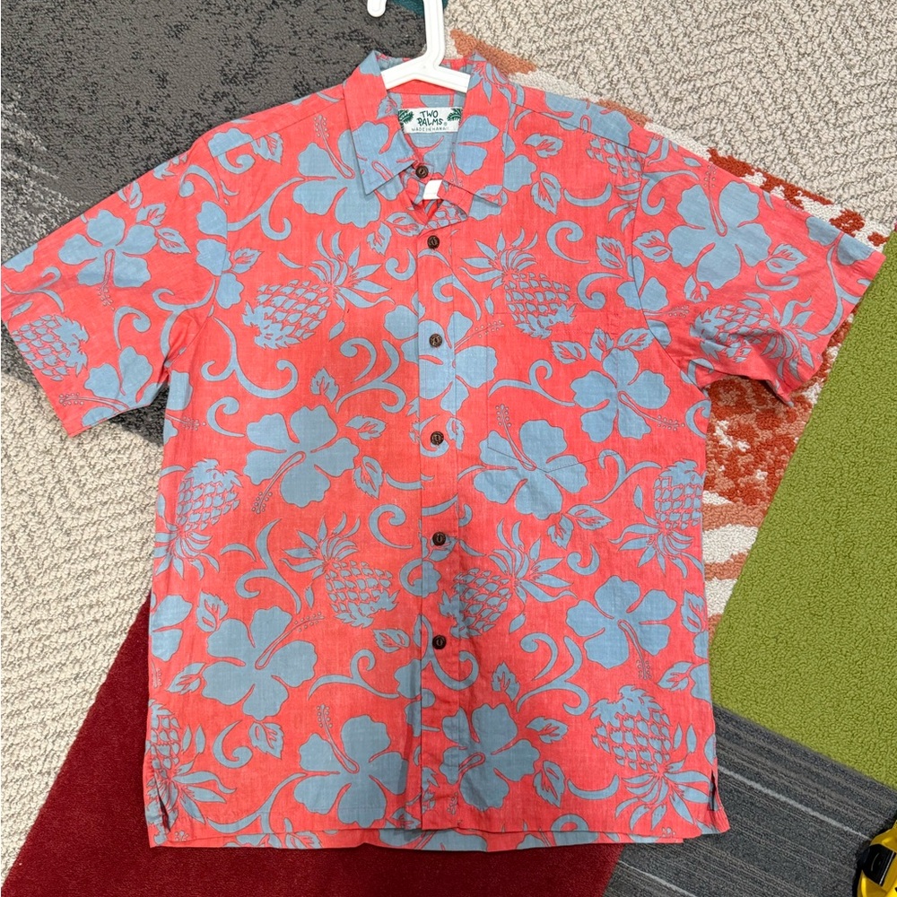 Two Palms Tropical Floral Hawaiian Men's Shirt in Coral and Blue